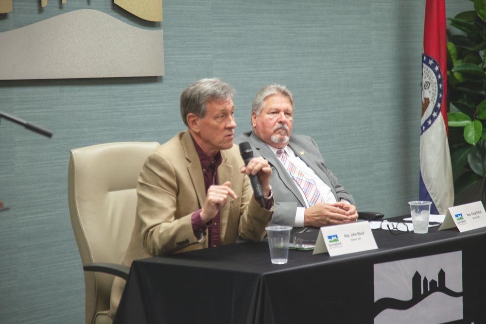 MAKING THE LAW: At a Springfield Area Chamber of Commerce event, state Reps. John Black, left, and Craig Fishel provide insight into their first year as legislators.